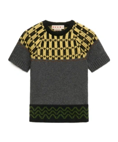 Marni Grey Wool Jumper With Geometric Motif In Gray