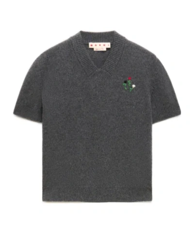 Marni Grey Wool-cashmere Jumper With Embroidered Flowers In Gray