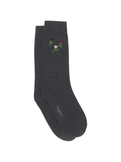 Marni Grey Wool-cashmere Socks With Flower Embroidery In Black