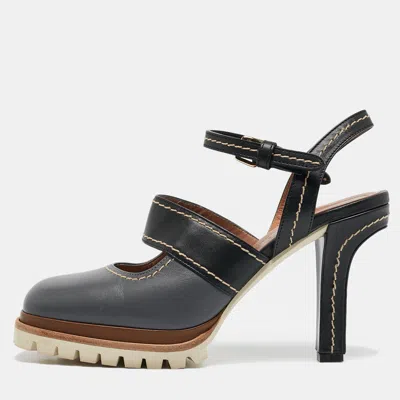 Marni Grey/black Leather Mary Jane Ankle Strap Pumps In Gray