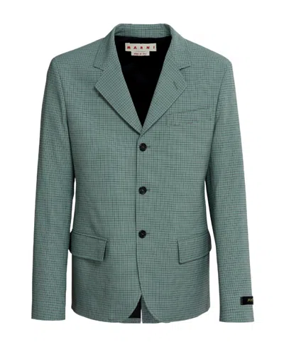 Marni Single-breasted Stretch Virgin Wool Blazer With Pin Check Mo In Green