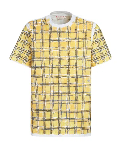Marni Grid-pattern Cotton T-shirt In Yellow