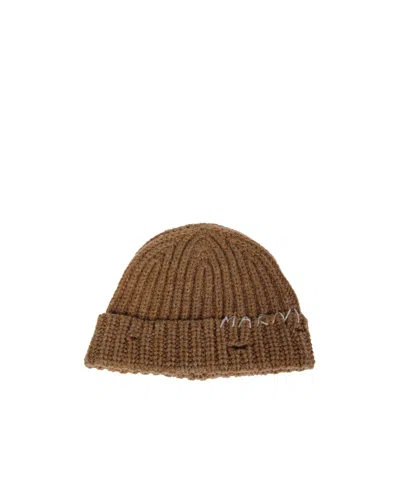 Marni Hand-stitched Logo Ribbed Beanie In Brown