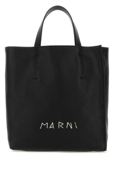 Marni Museo Embroidered Textured-leather Tote Bag In Black