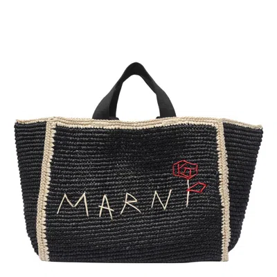 Marni Raffia Shopping Bag Contrast Stitching In Black