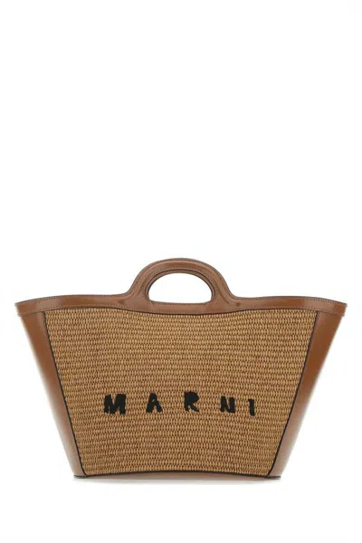 Marni Mini Two-tone Leather And Raffia Tropicalia Handbag In Multicoloured