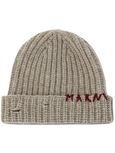 Marni Logo-embroidered Ribbed-knit Beanie In Beige