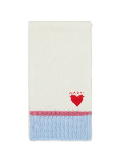 Marni Kids' Heart-intarsia Ribbed-trim Scarf In Gray