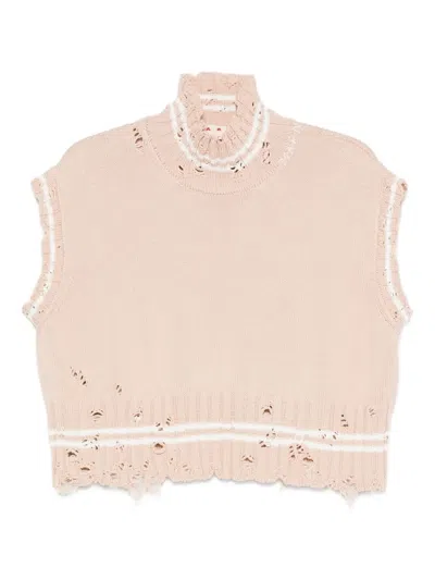 Marni High-neck Frayed Knitted Top In Pink