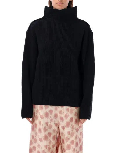 Marni Ribbed High Neck Sweater With Dropped Shoulders In Black