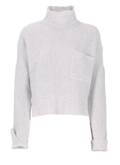 Marni High Neck Virgin Wool Sweater With Asymmetric Hem In White