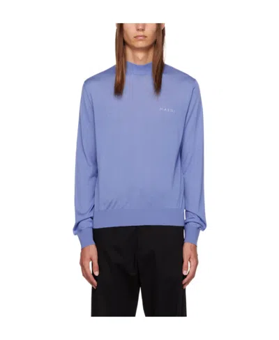 Marni High-necked Wool Embroidered Sweater In Blue
