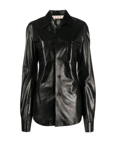 Marni High-shine Leather Shirt In Black
