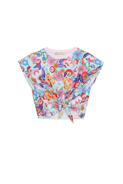 Marni Kids' Holiday Allover T-shirt With Knotted Fabric In Blue