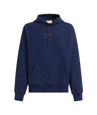 Marni Front Logo Hoodie With Adjustable Drawstring And Kangaroo Pocket In Blue
