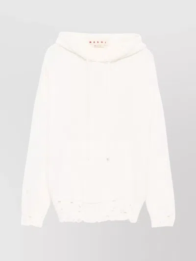 Marni Hooded Sweatshirt With Distressed Hem And Front Pocket In White