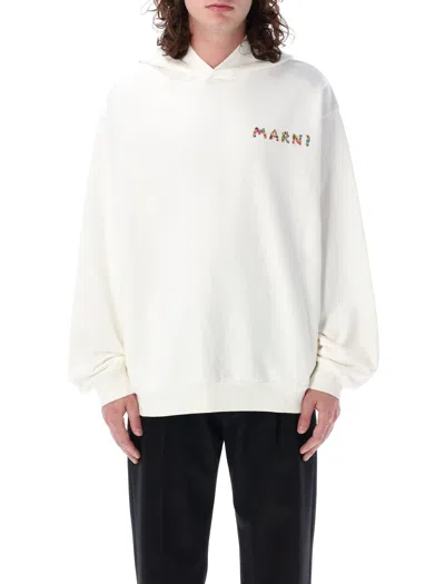 Marni Hoodie With Back Print In Natural White