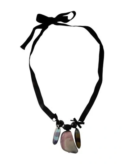 Pre-owned Marni Horn, Resin, Wood & Crystal Collar Ribbon Necklace, 59.75" In Black/blue/brown