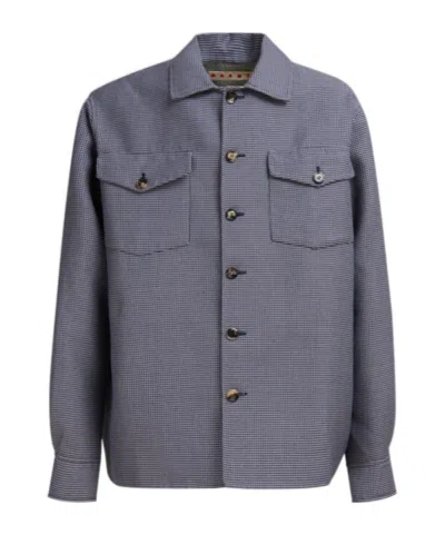 MARNI BLUE HOUNDSTOOTH WOOL SHIRT WITH POCKETS