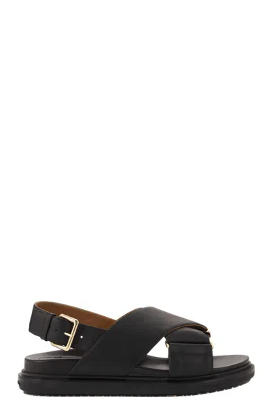 Marni Iconic Black Leather Fussbett Criss-cross Sandals For Women