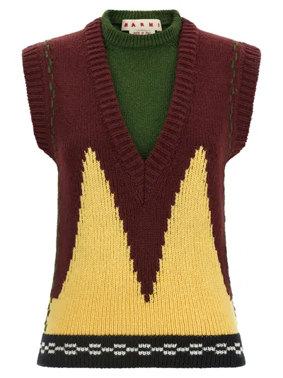 Marni Intarsia Geometric Knit Vest In Burgundy