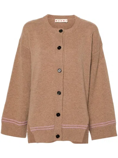 Marni Virgin Wool Cardigan With Contrasting Buttons In Brown