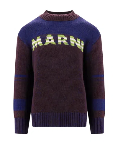 Marni Intarsia-knit-logo Virgin-wool Sweater In Black