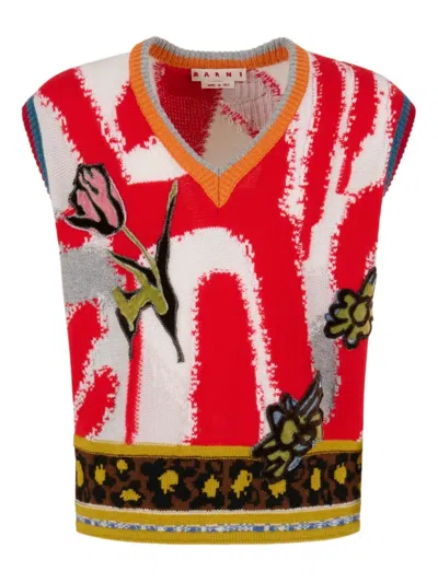 Marni Intarsia-knit Sleeveless Sweater In Red