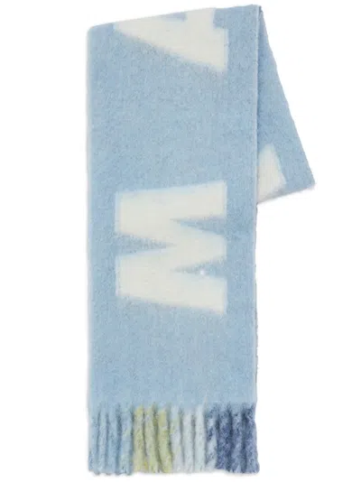 Marni Intarsia-logo Fringed Scarf In Blue