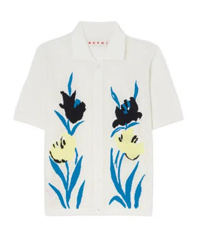 Marni Intarsia Open-knit Cotton Polo Shirt In White