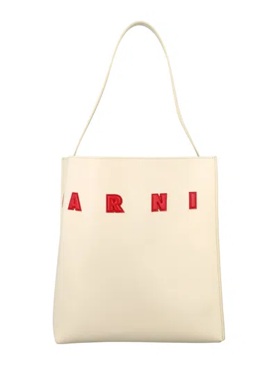 Marni Ivory And Red Leather Medium Museum Tote Handbag For Women