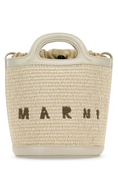 MARNI IVORY LEATHER AND RAFFIA TROPICALIA BUCKET BAG