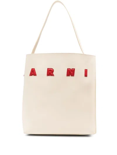 Marni Ivory Leather Medium Museo Shoulder Bag In Red