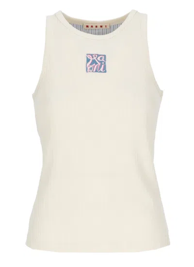 Marni Ivory Logo Ribbed Cotton Tank Top In White