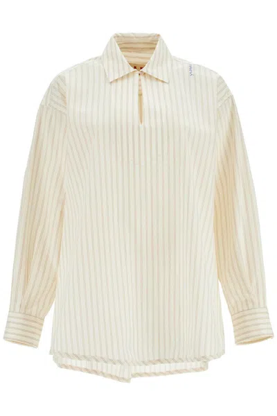 Marni Ivory Striped Cotton Top With Embroidered Logo In Neutral