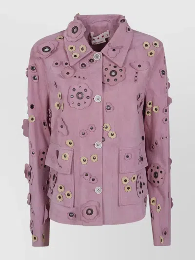 Marni Jacket Long Sleeves Floral Appliqué Collar Pockets In Pink