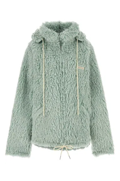 Marni Long Pile Shaggy Faux Fur Hooded Jacket Blue In Green