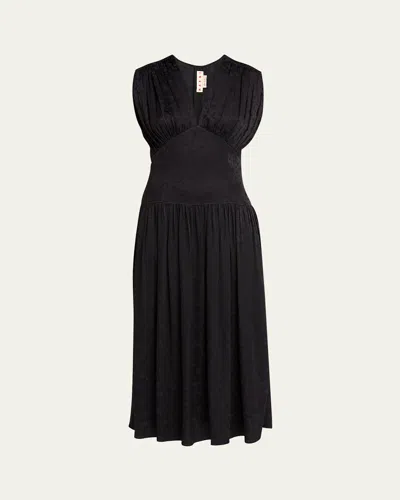 Marni Jacquard Drop Waist Gathered Midi Dress In Black