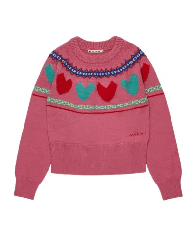 Marni Kids' Jacquard-heart Sweater In Pink