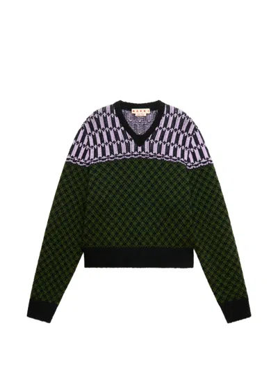 Marni Jacquard-knit Geometric-motif Sweater In Green
