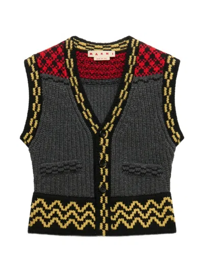Marni Jacquard-knitted Geometric-trim Waistcoat In Gray