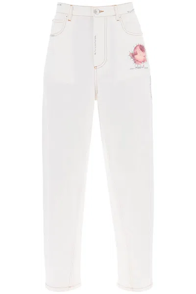 Marni Jeans Con Ricamo Logo E Patch Fiore In Bianco