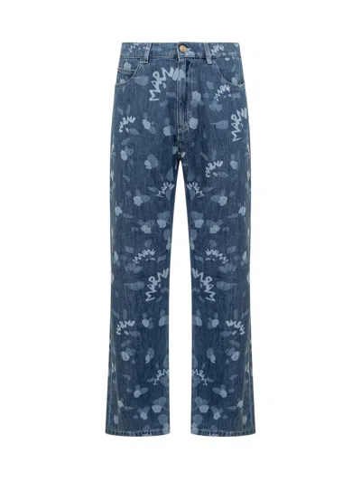 Marni Jeans With  Dripping Print In Iris Blue