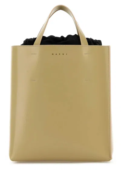 Marni Khaki Leather Small Museo Handbag In Winterwheat