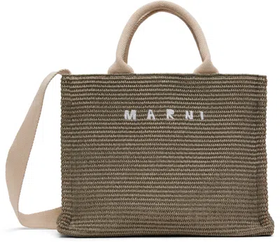 Marni Khaki Raffia-effect Small Tote In 00v51 Dusty Olive
