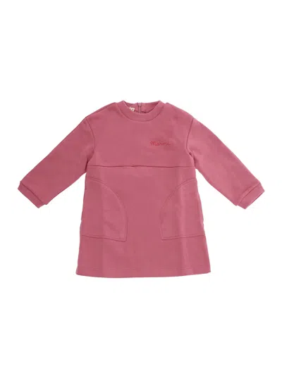Marni Kids Baby Cotton Zip-back Dress With Front Logo Lettering & Pockets In Pink