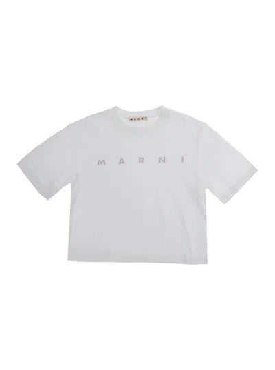 Marni Kids Baby Girl Cotton Crew Neck T-shirt With Front Logo Lettering In White