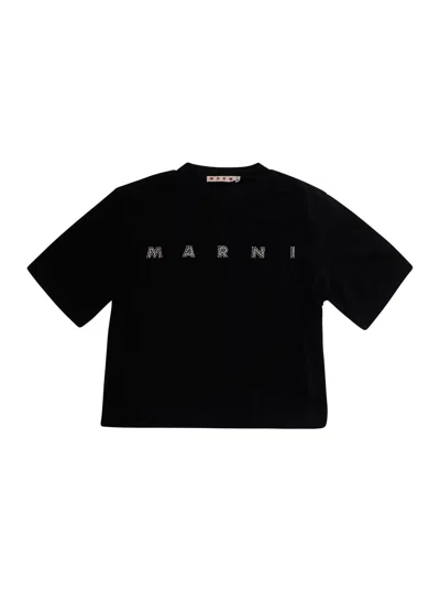 Marni Kids Baby Girl Cotton Logo Crew Neck T-shirt In Black
