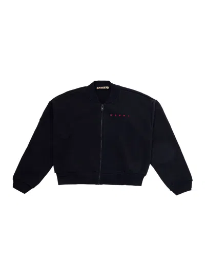 Marni Kids Baby Girl Cotton Zip Front Sweatshirt With Logo Lettering In Black