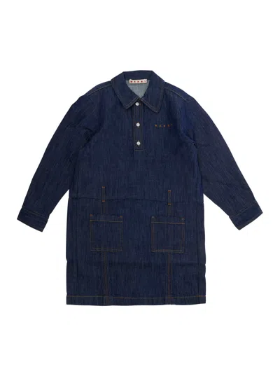 Marni Kids Baby Girl Denim Mini Dress With Classic Collar And Logo Lettering In Blu